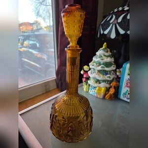 Vintage Mid Century Modern Made in Italy Empoli Amber Decanter Zodiac